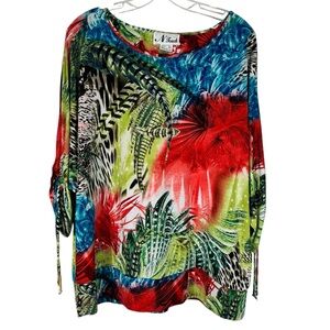 N Touch Colorful Tropical Flower Stretchy No-Iron Dolman Sleeve Blouse Large L